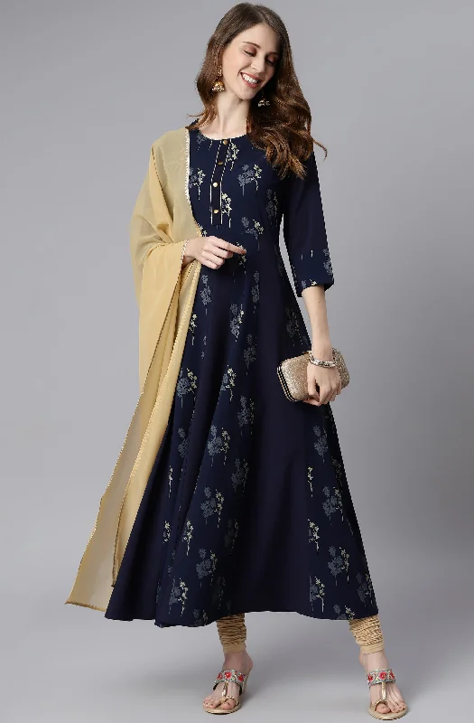 Women's Navy Blue Floral Printed Poly Crepe  Anarkali Set - Janasya