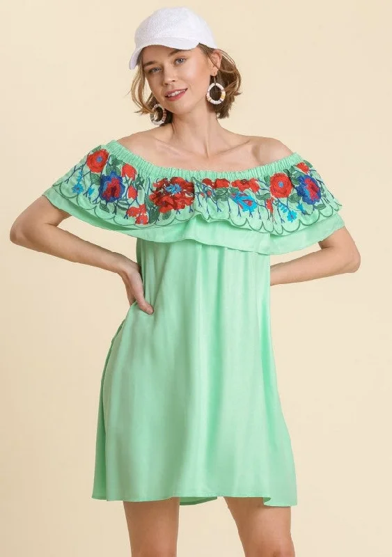 Floral Embroidered Ruffled Dress, Mint