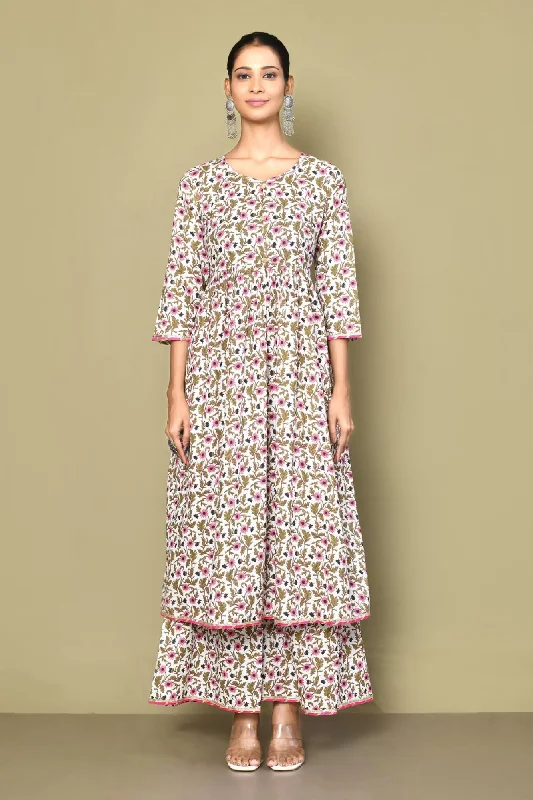 Women's Cotton Floral Print Anarkali Kurta And Sharara Set - Miravan