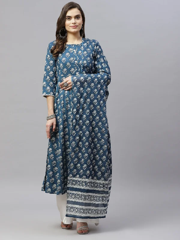 Women's Cotton Floral Print Anarkali Kurta With Dupatta - Miravan