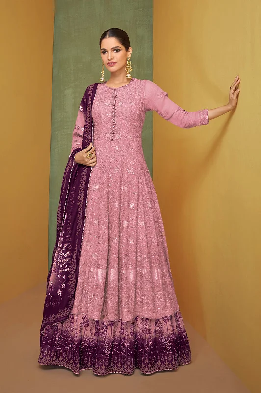 Women's Rose Pink Faux Georgette Semi Stitched Embroidered Designer Suit - Monjolika