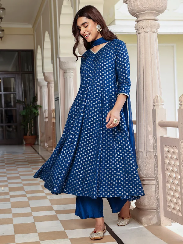 Women's Blue Brocade Woven Design Anarkali Set - Janasya