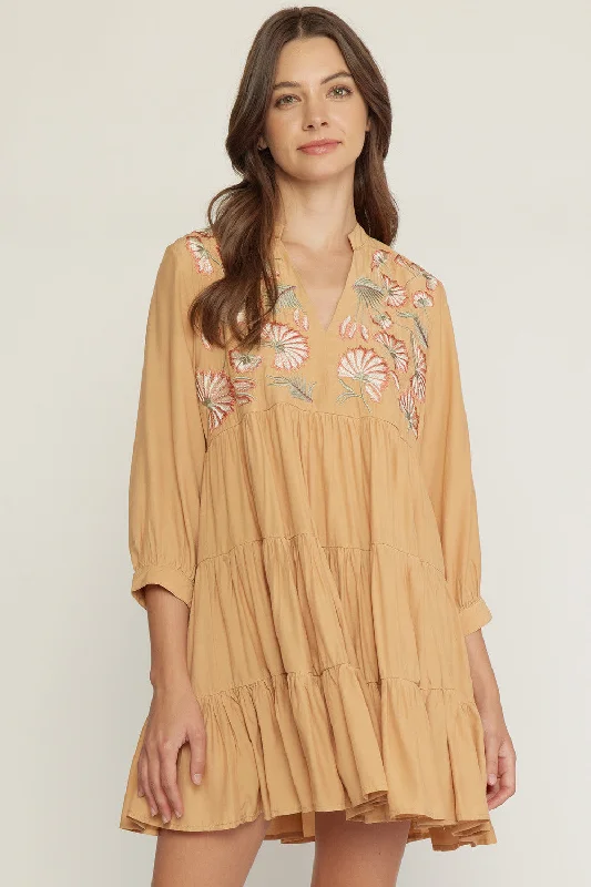 Floral Embroidered Tiered Dress, Butter Rum