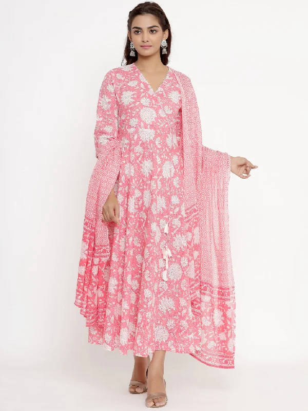 Women's Cotton Floral Print Anarkali Kurta With Dupatta - Miravan