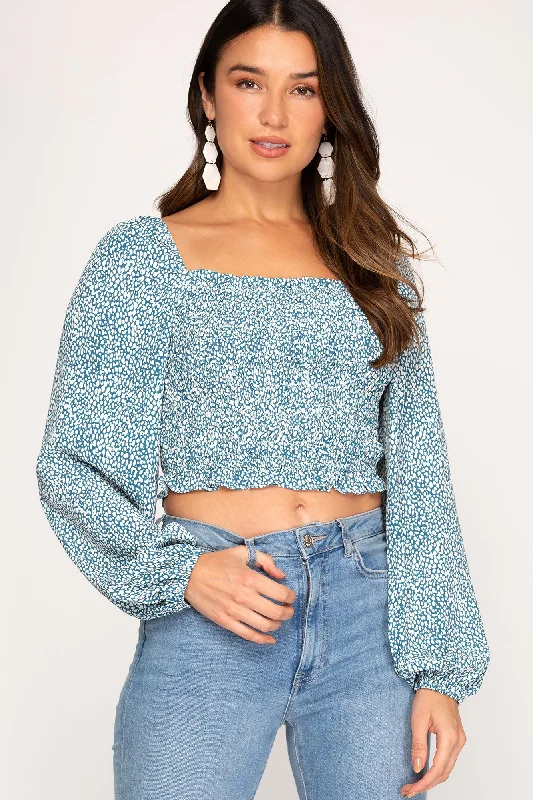 TEAL BLUE PRINTED LONG SLEEVES SMOCKED WOVEN TOP S5SS7917