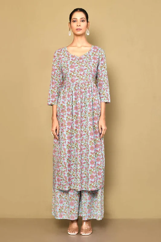 Women's Cotton Floral Print Blue Anarkali Kurta And Sharara Set - Miravan