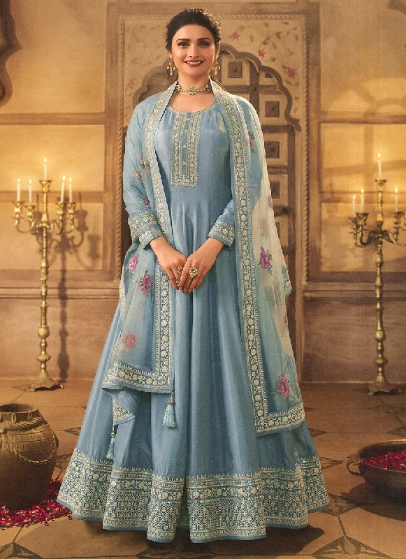 Women's Pastel Blue Embroidered Dola Silk Aanarakali Floor Length Suit - Monjolika