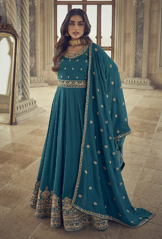 Women's Teal Color Embroidered Silk Floor Length Anarkali - Monjolika