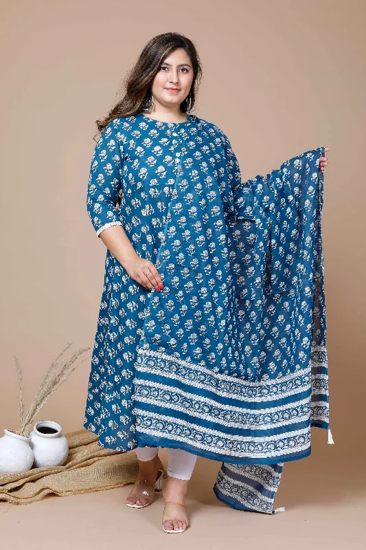 Women's Plus Size Blue Printed Anarkali Kurta With Dupatta - Miravan