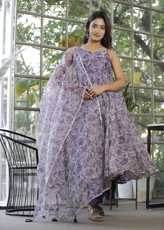 Women's Purple Flower Anarkali Suits - Lado Jaipuri