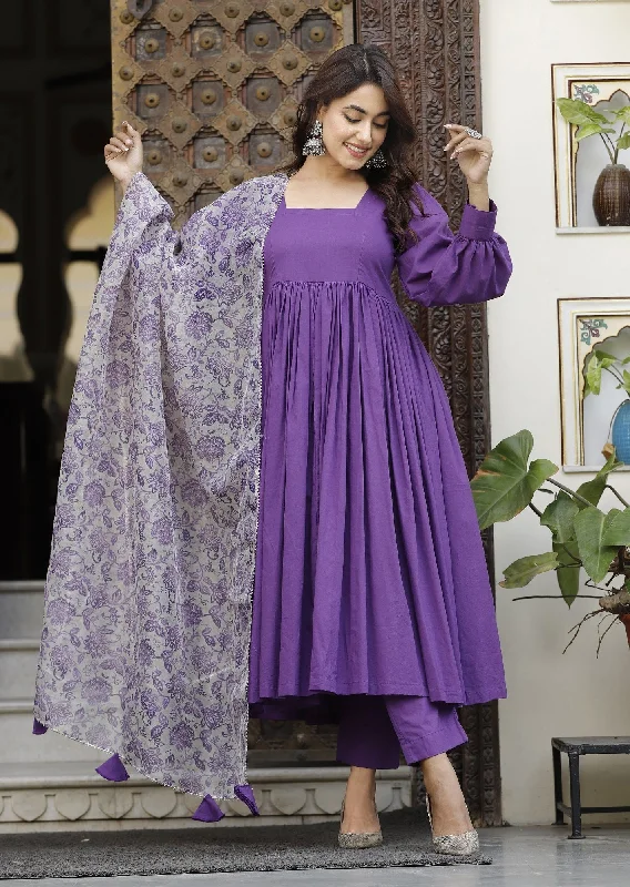 Women's Pretty Purpal Cotton Anarkali Set - Lado Jaipuri