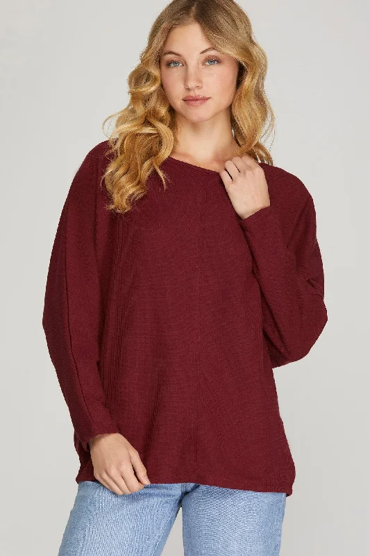 WINE LONG BATWING SLEEVES THERMAL KNIT TOP S8SY2586A