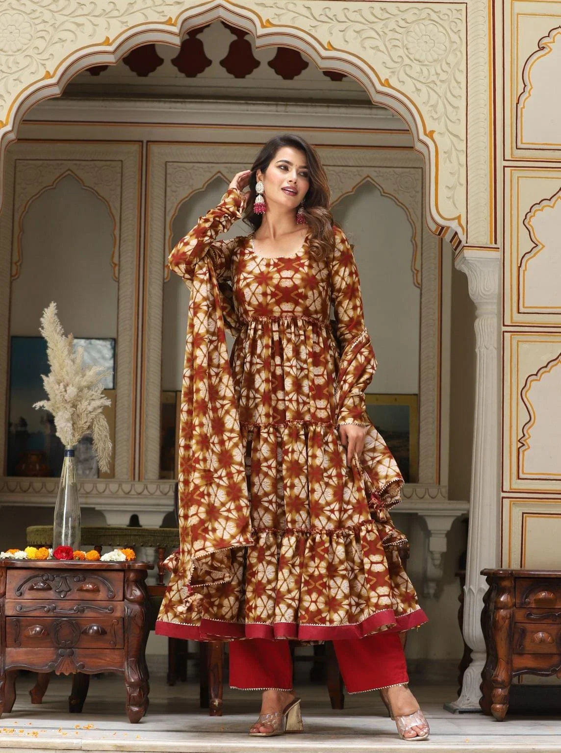 Women's Maroon Cosmos Tiered Anarkali Set - Lado Jaipuri