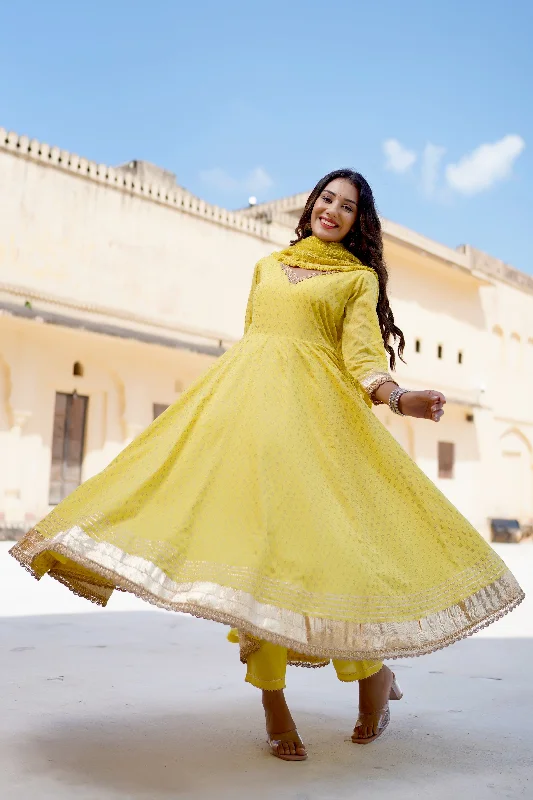 Women's Golden Yellow Flared Anarkali Suit Set - Hatheli