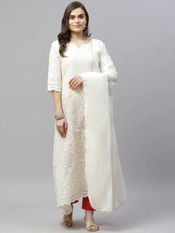 Women's Beige Embroidered Chikankari Kurta & Dupatta - Miravan