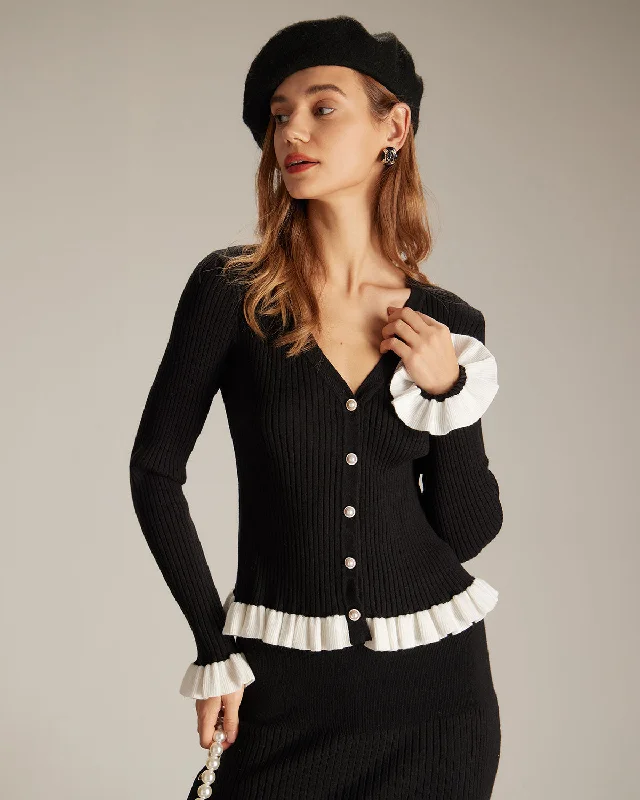 The Black V Neck Contrast Trim Ruffle Cardigan