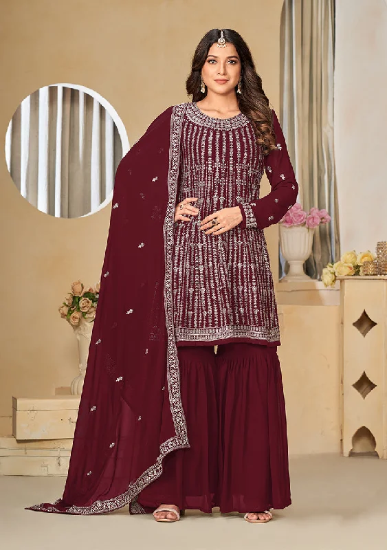 Women's Embroidered Maroon Faux Georgette Trendy Salwar Kameez - Monjolika