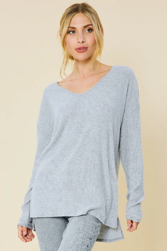 HEATER GREY V-NECK SOFT TOUCH RIB KNIT TOP FSLST3067