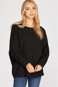 BLACK LONG BATWING SLEEVES THERMAL KNIT TOP S8SY2586A