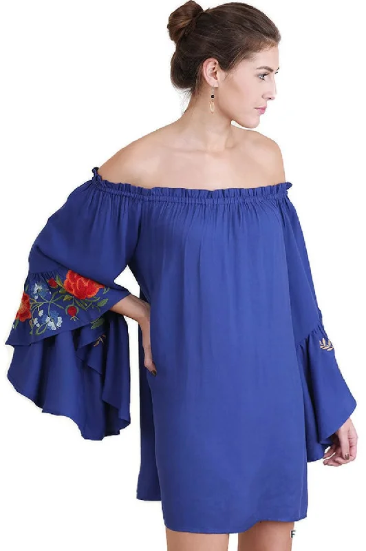 Floral Embroidered Bell Sleeve Mini Dress, Royal Blue