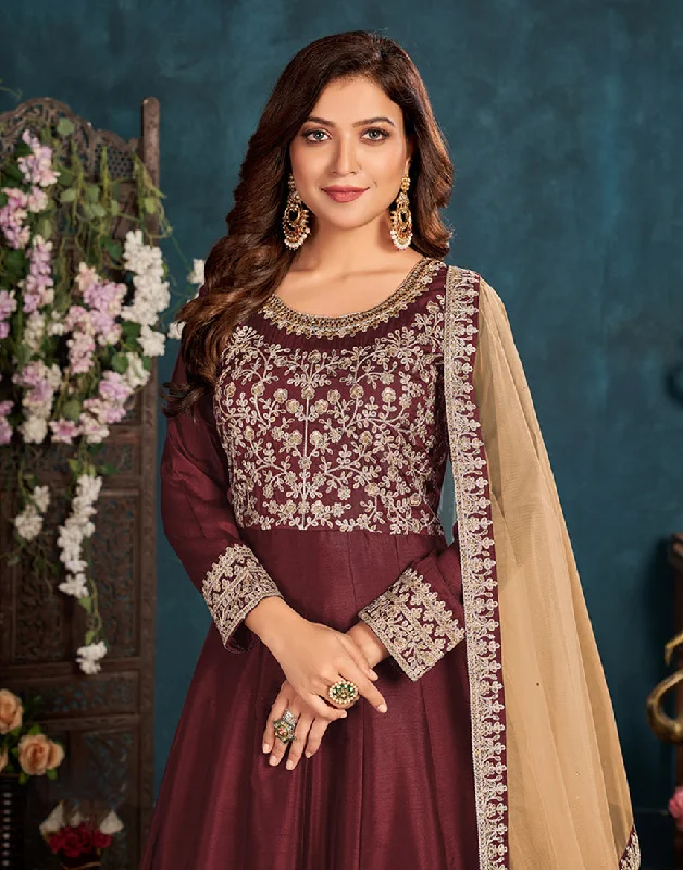 Women's Burgundy Wedding Floor Length Designer Suit - Monjolika