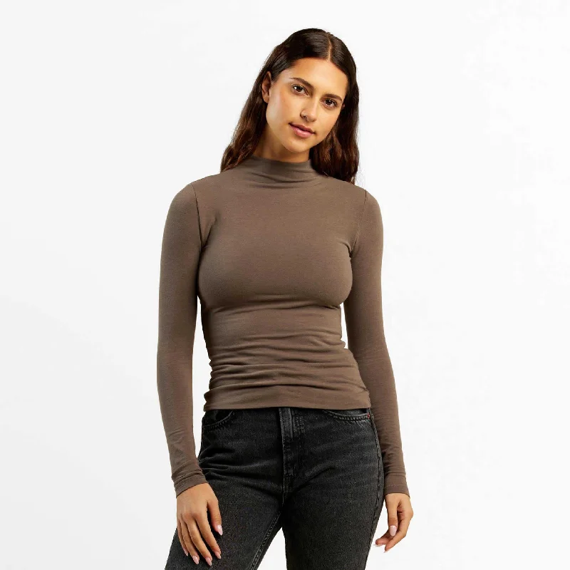 Cotton Stretch Long Sleeve Mock Neck Shirt | Mocha