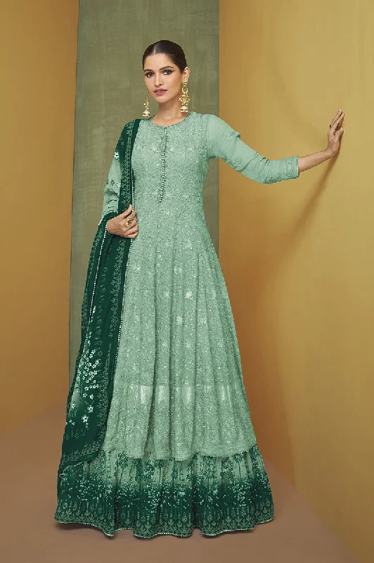 Women's Sea Green Faux Georgette Semi Stitched Embroidered Designer Suit - Monjolika