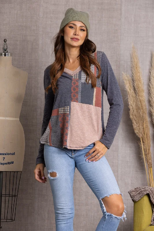 CHARCOAL PATCH PRINT V-NECK TOP TC12505