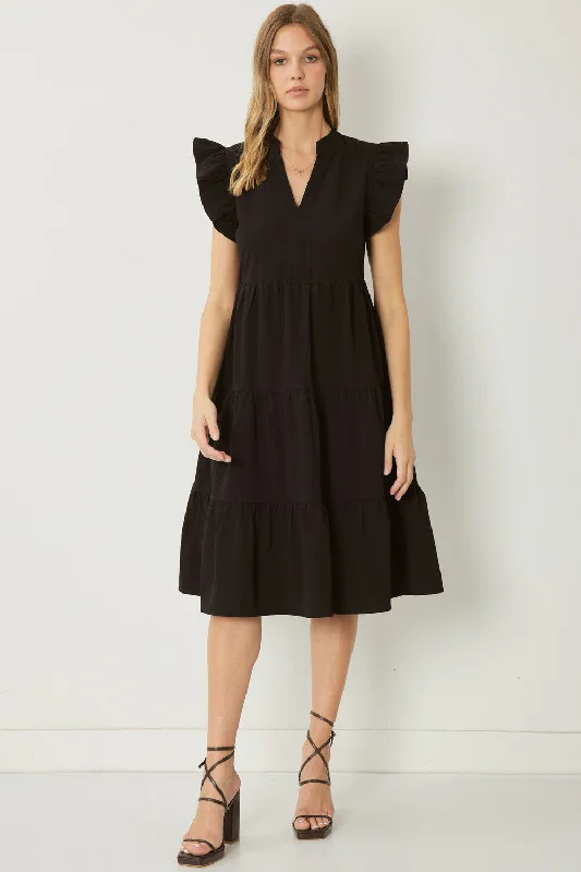 Ruffled Pocket Tiered Midi Dress, Black