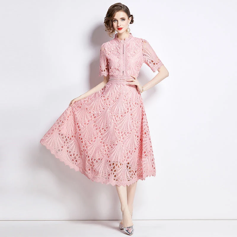 Vintage Embroidery Summer Pink Lace Dresses