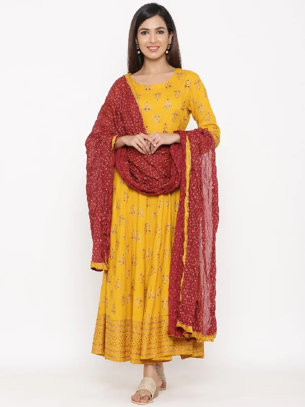 Women's Golden Floral Printed Anarkali Kurta & Dupatta Set With Waist Tie-Up Details - Kipek