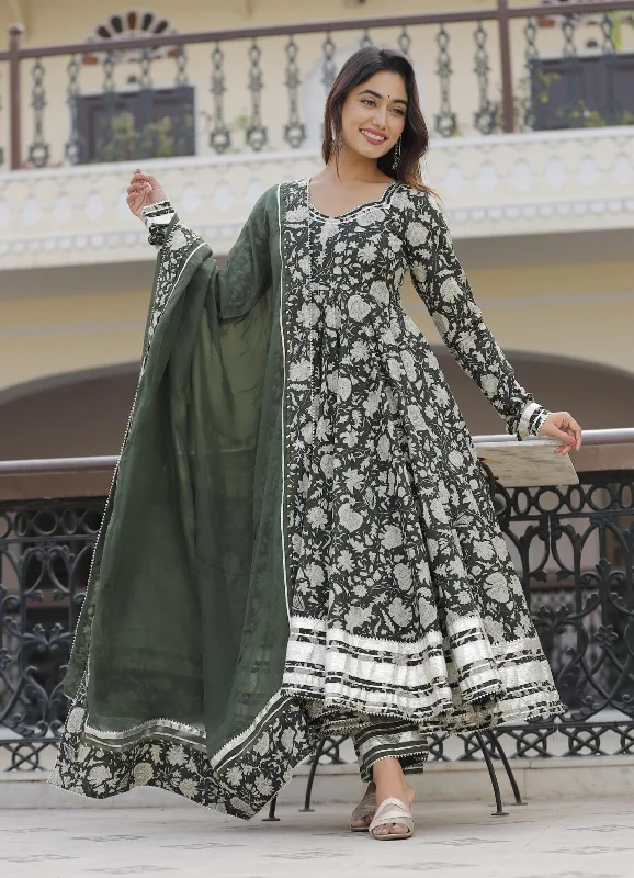 Women's Dusty Green Paisley Anarkali Suits - Lado Jaipuri