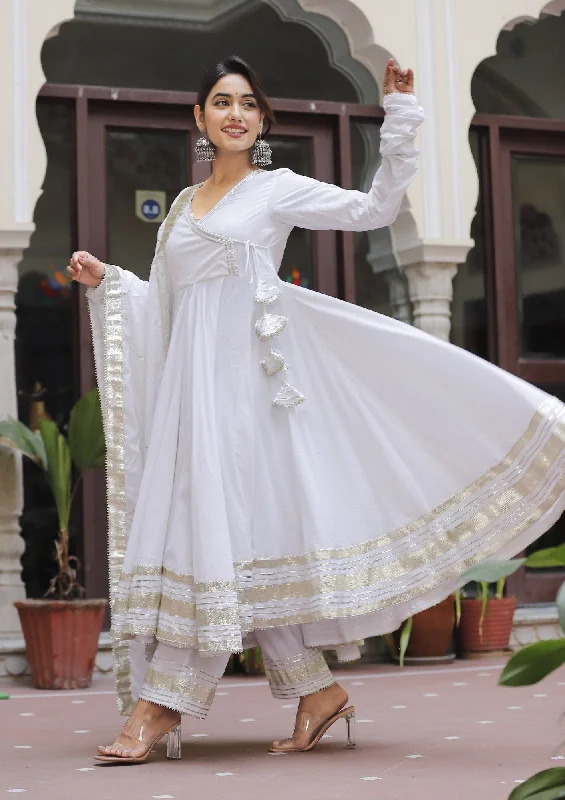 Women's White Gota Jaal Anarkali Suits - Lado Jaipuri