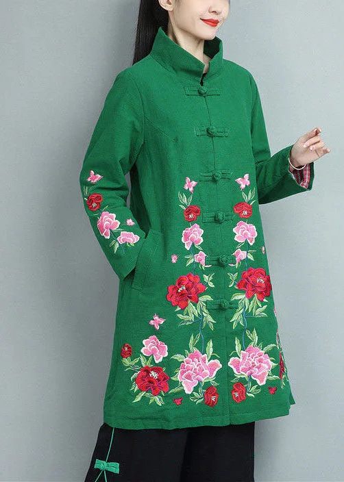 Bohemian Green Stand Collar Embroideried Cotton Coats Fall