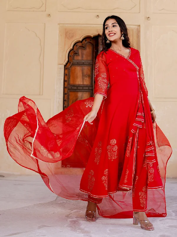 Women's Bright Red Mugal Anarkali Suit Set - Hatheli