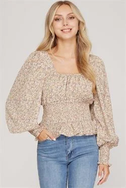 TAUPE PRINTED SQUARE NECK PUFF LONG SLEEVES SMOCKED WOVEN TOP S8SS7880