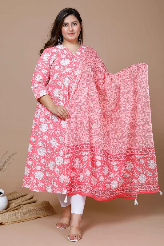 Women's Pink Plus Size Cotton Floral Print Anarkali Kurta With Dupatta - Miravan