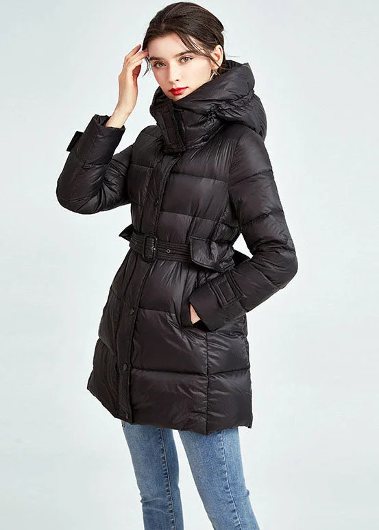 Classy Black Hooded Drawstring Pockets Fine Duck Down Filled Parka Winter