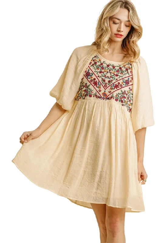 Floral Embroidered Balloon Sleeve Dress, Natural