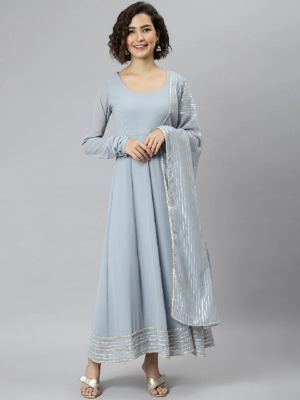 Women's Grey Solid Poly Georgette  Anarkali Set - Janasya