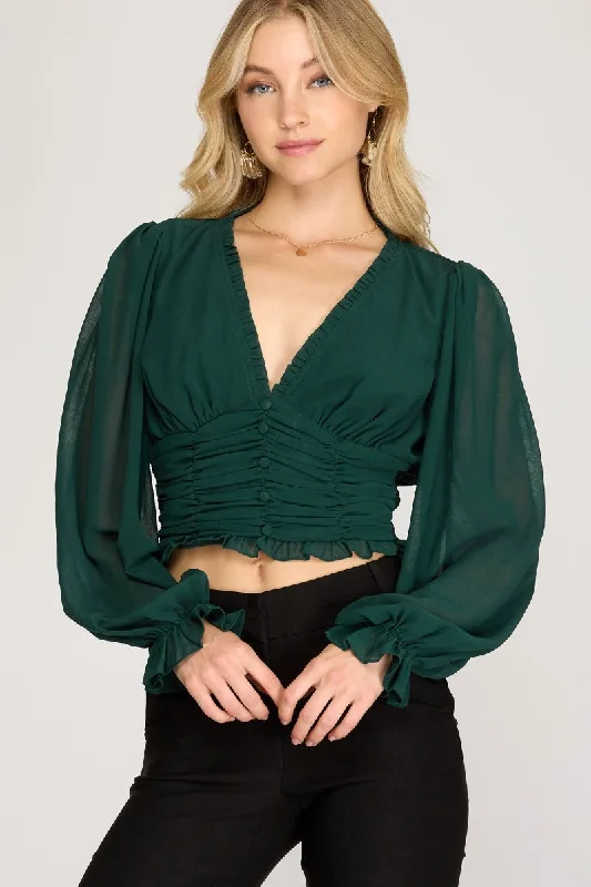 SEA GREEN WOVEN LONG SLEEVES RUCHED CROP TOP S8SS8578