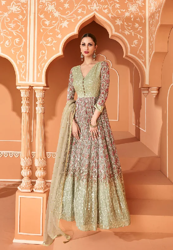 Women's Light Olive Color Printed Georgette Designer Partywear Suit - Monjolika