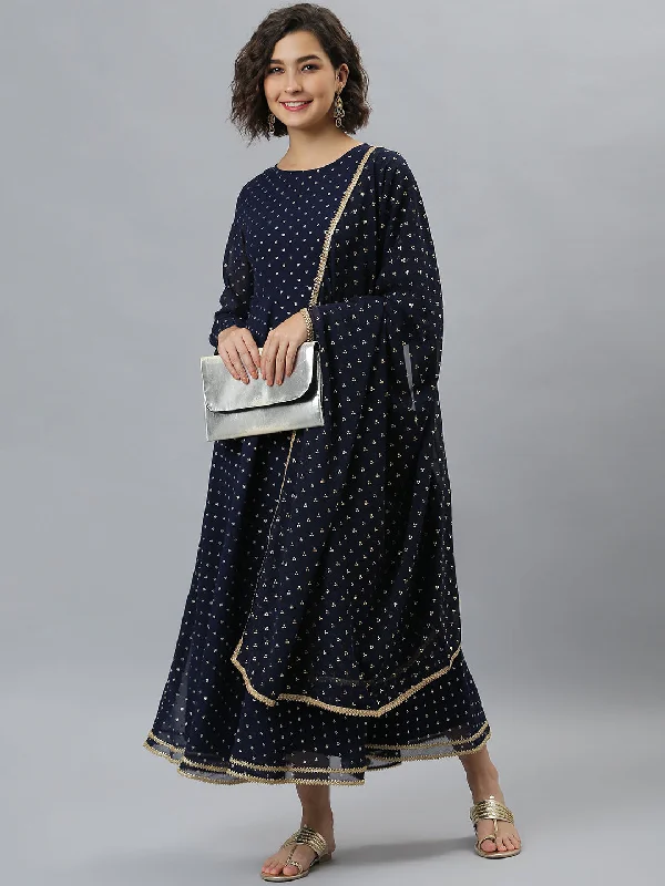 Women's Navy Blue Foil Printed Poly Georgette  Anarkali Set - Janasya