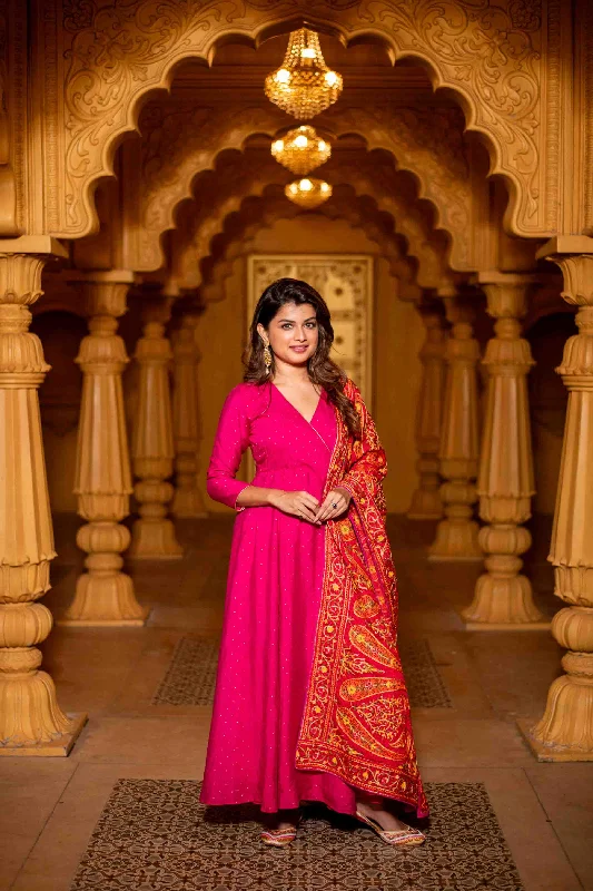 Women's Pink Chanderi Overlap Long Anarkali Set - Label Shaurya Sanadhya