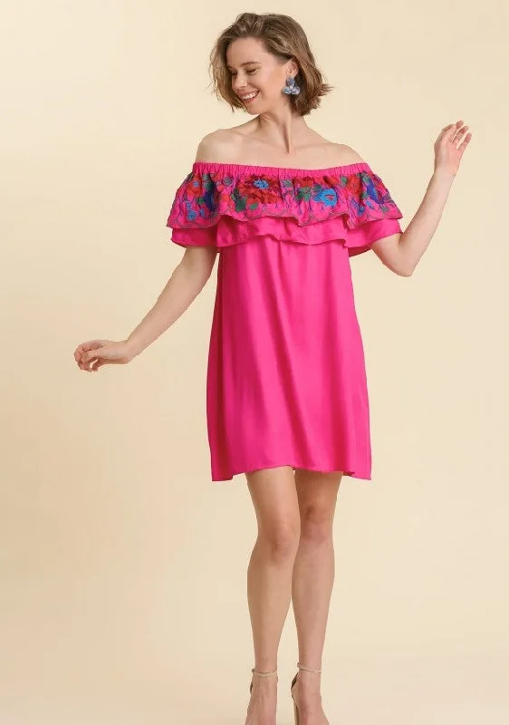 Floral Embroidered Ruffled Dress, Fuchsia