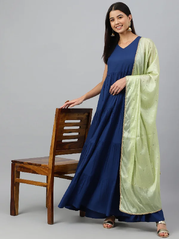 Women's Dark Blue Solid Rayon Anarkali Set - Janasya