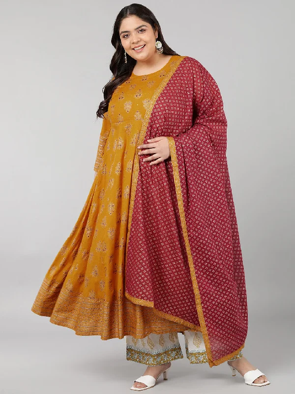 Women's Rayon Printed Anarkali Kurta Set (Mustard) - Kipek