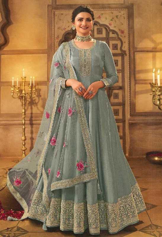 Women's Slate Grey Embroidered Dola Silk Aanarakali Floor Length Suit - Monjolika