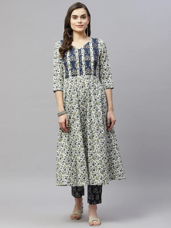 Women's Floral Printed Anarkali Pure Cotton Kurta With Palazzo Set - Miravan