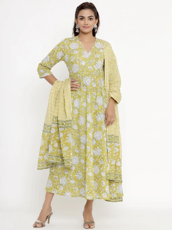 Women's Cotton Floral Print Anarkali Kurta With Dupatta - Miravan